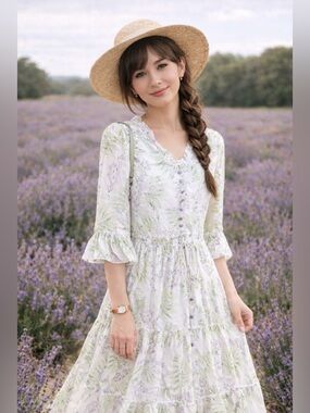 Silk Floral Print Dress Gentle For Vacation 100% Silk M-L MSRP $279